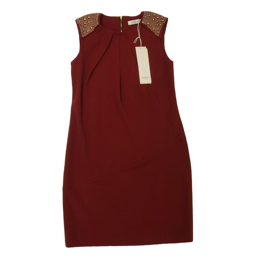 Grifflin Paris Midi Dress Sleeveless Gold Studded Shoulders Brick Red Small S